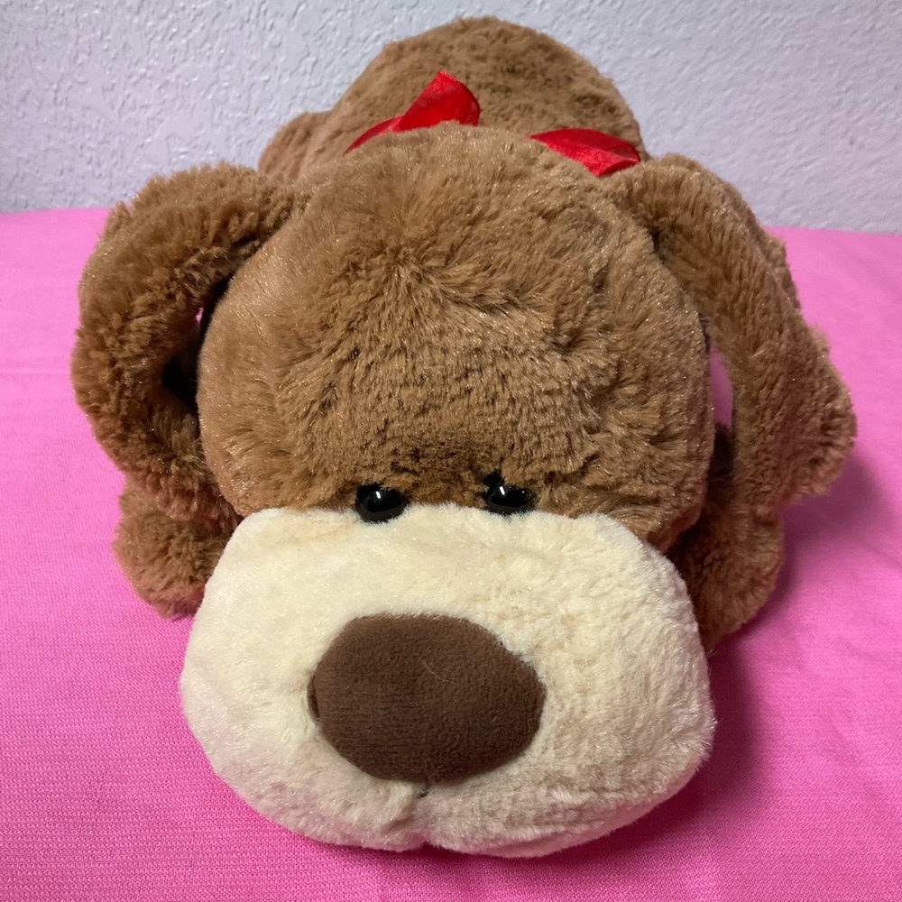 Hug Fun Plush Flopsie Brown Dog with Red Bow Lying Down Dog Stuffies